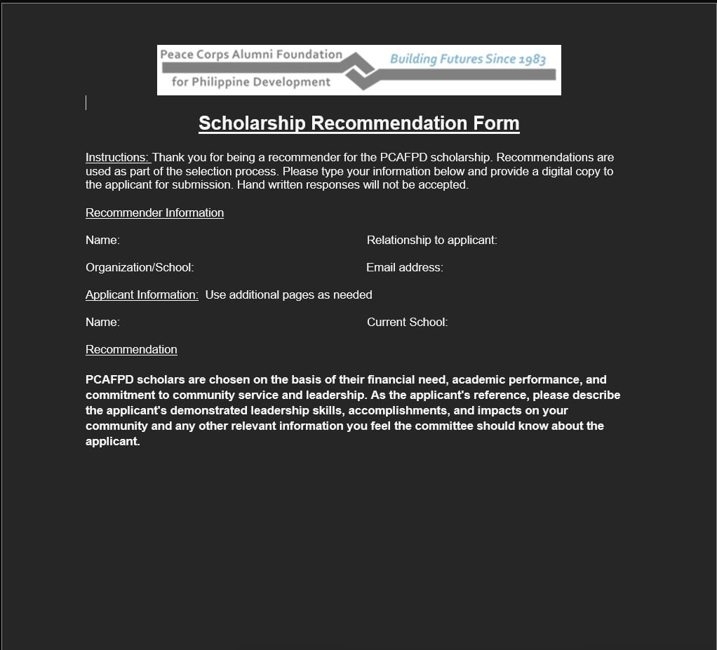 PCAFPD 2026 Undergraduate Scholarship Form