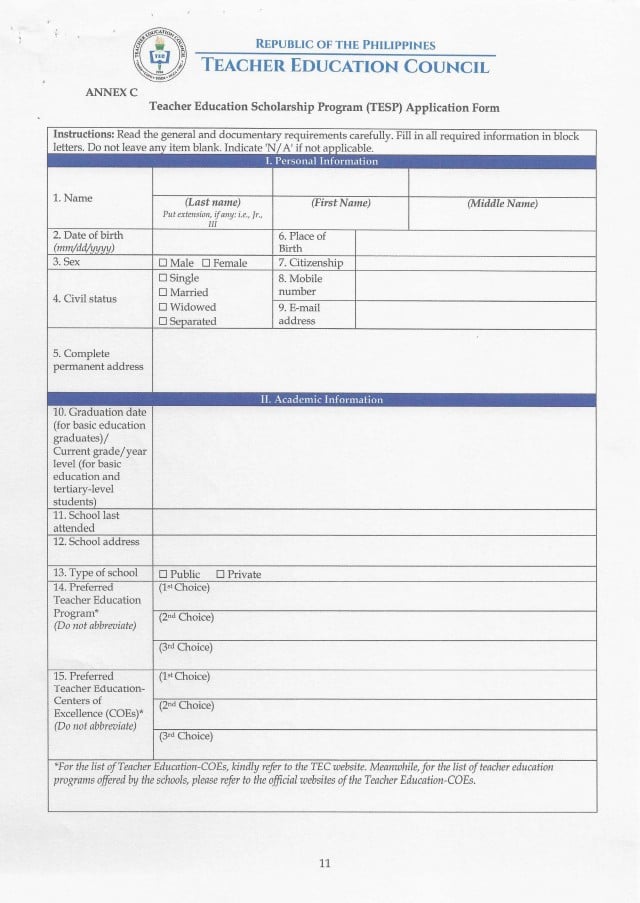 UniFAST-CHED Teacher Education Scholarship Program(TESP) Application Form