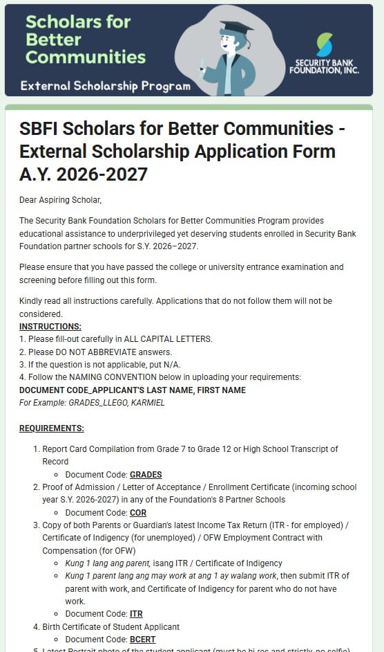 SBFI EXTERNAL SCHOLARSHIP APPLICATION FORM